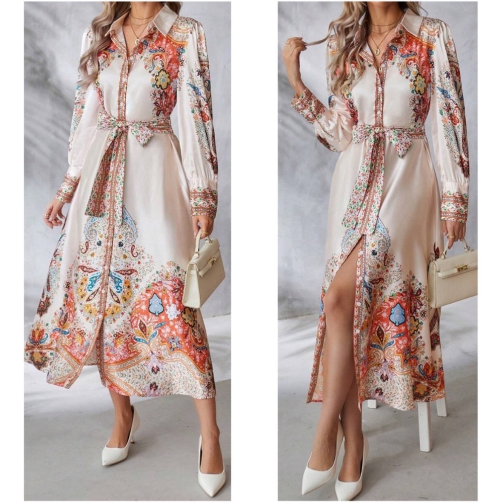 Luxe Satin Floral Print Button Down Belted Long Sleeve Dress S M L